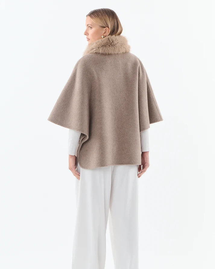 Faux Fur Collared Cape - Wool Blend - Taupe
