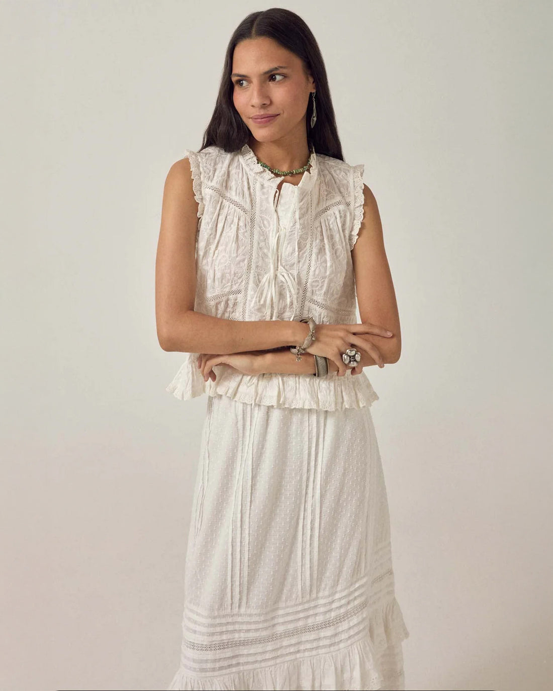 Camila Emb Tie Top - White