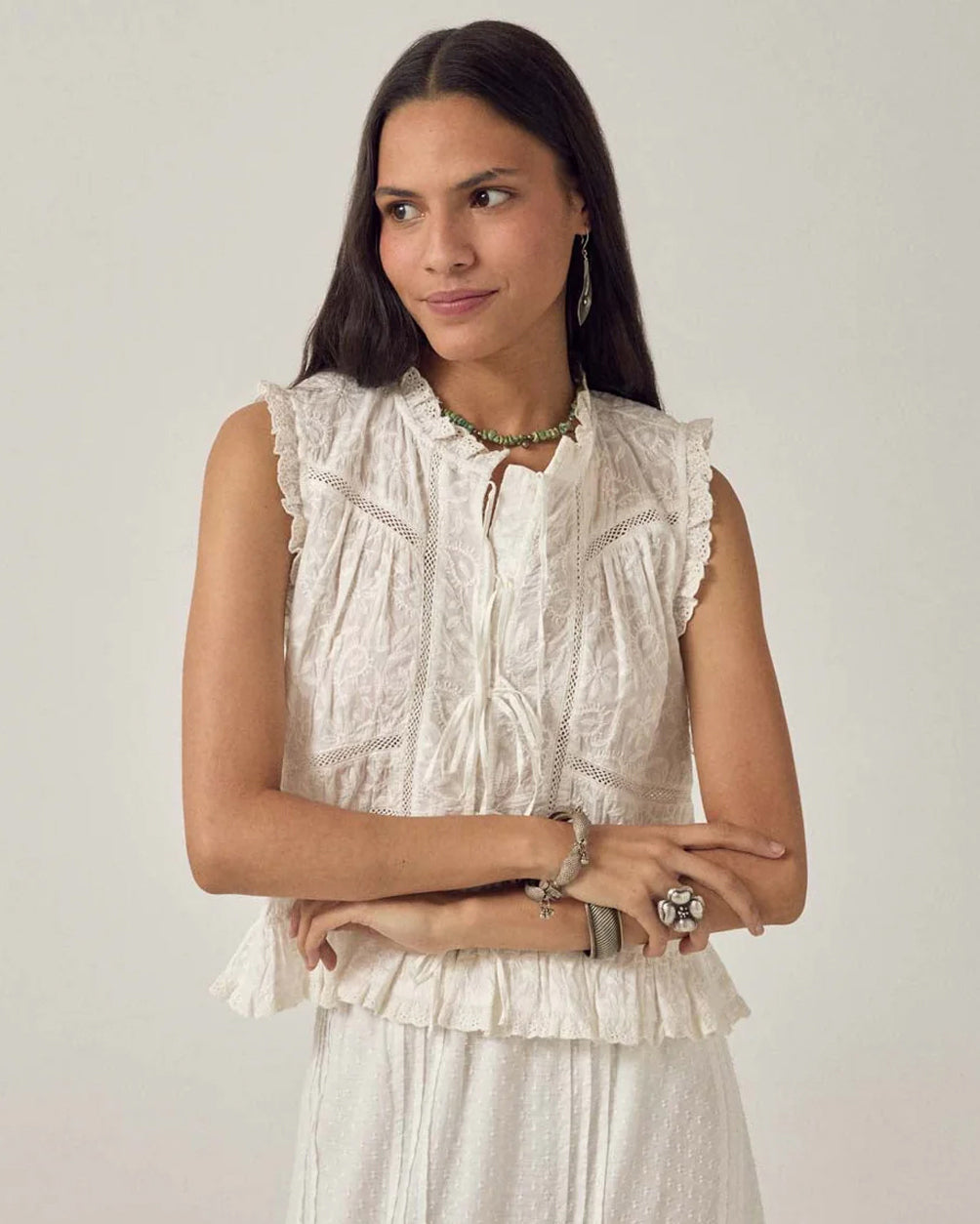 Camila Emb Tie Top - White