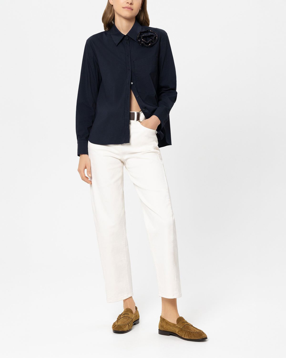 Cashmere/Silk Polo Shirt With Removable Collar - Smoky Blue