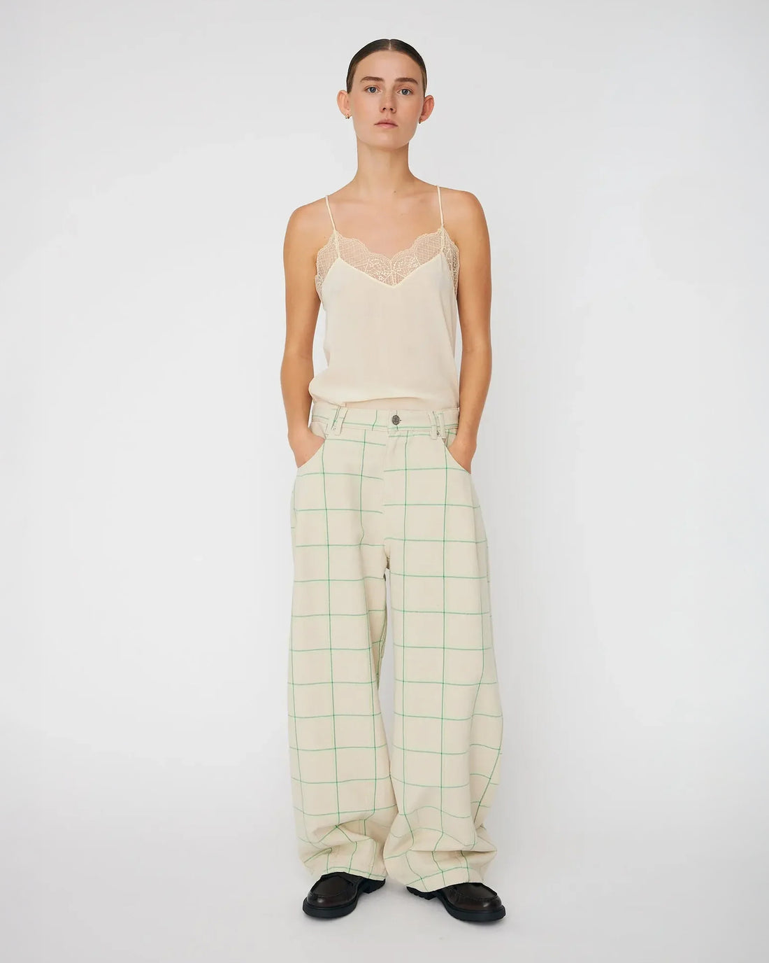 Checked Baggy Pants - Creme Check