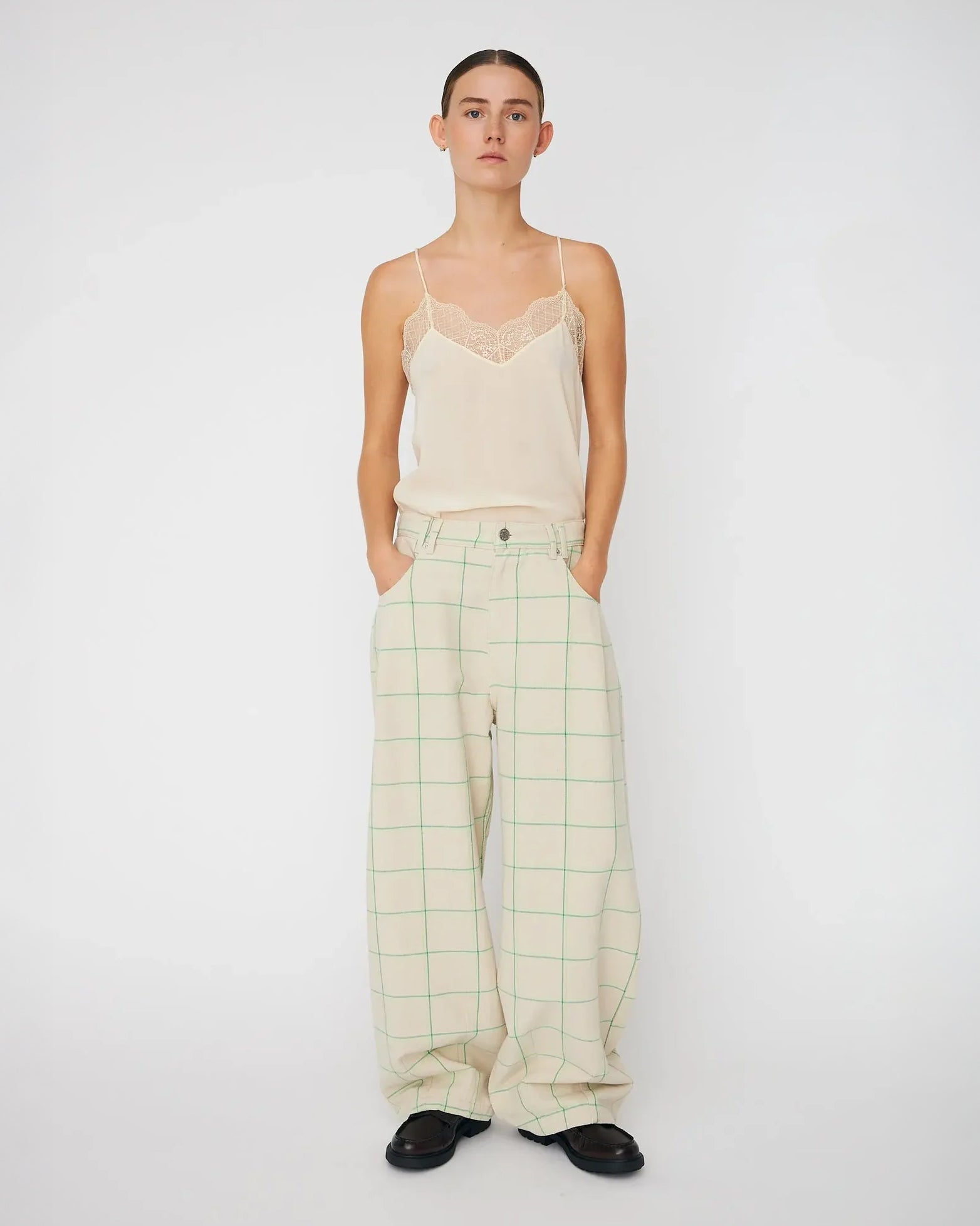 Checked Baggy Pants - Creme Check