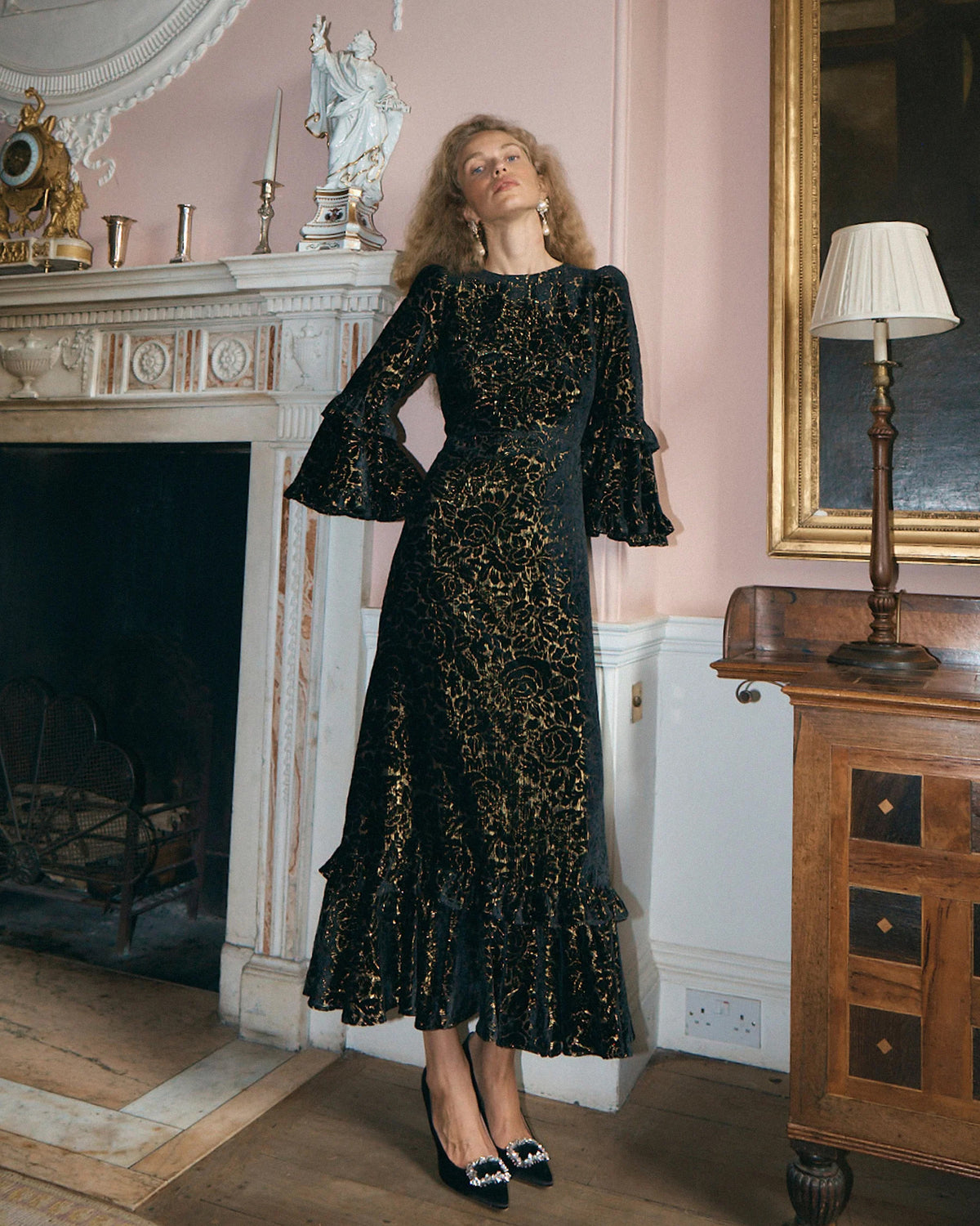Chiara Velvet Frill Hem Dress - Black
