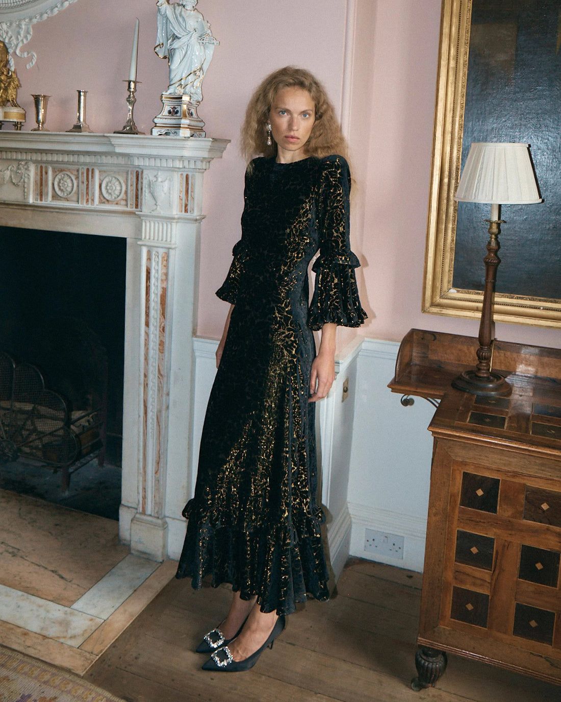 Chiara Velvet Frill Hem Dress - Black