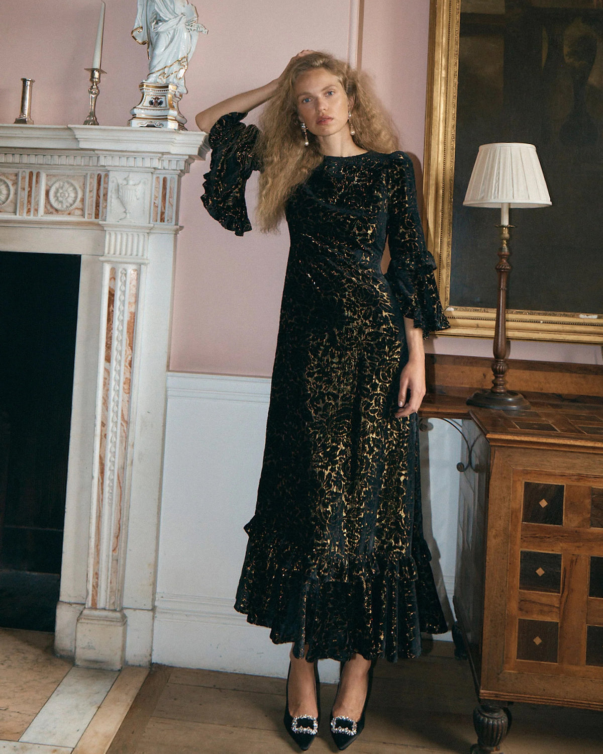 Chiara Velvet Frill Hem Dress - Black
