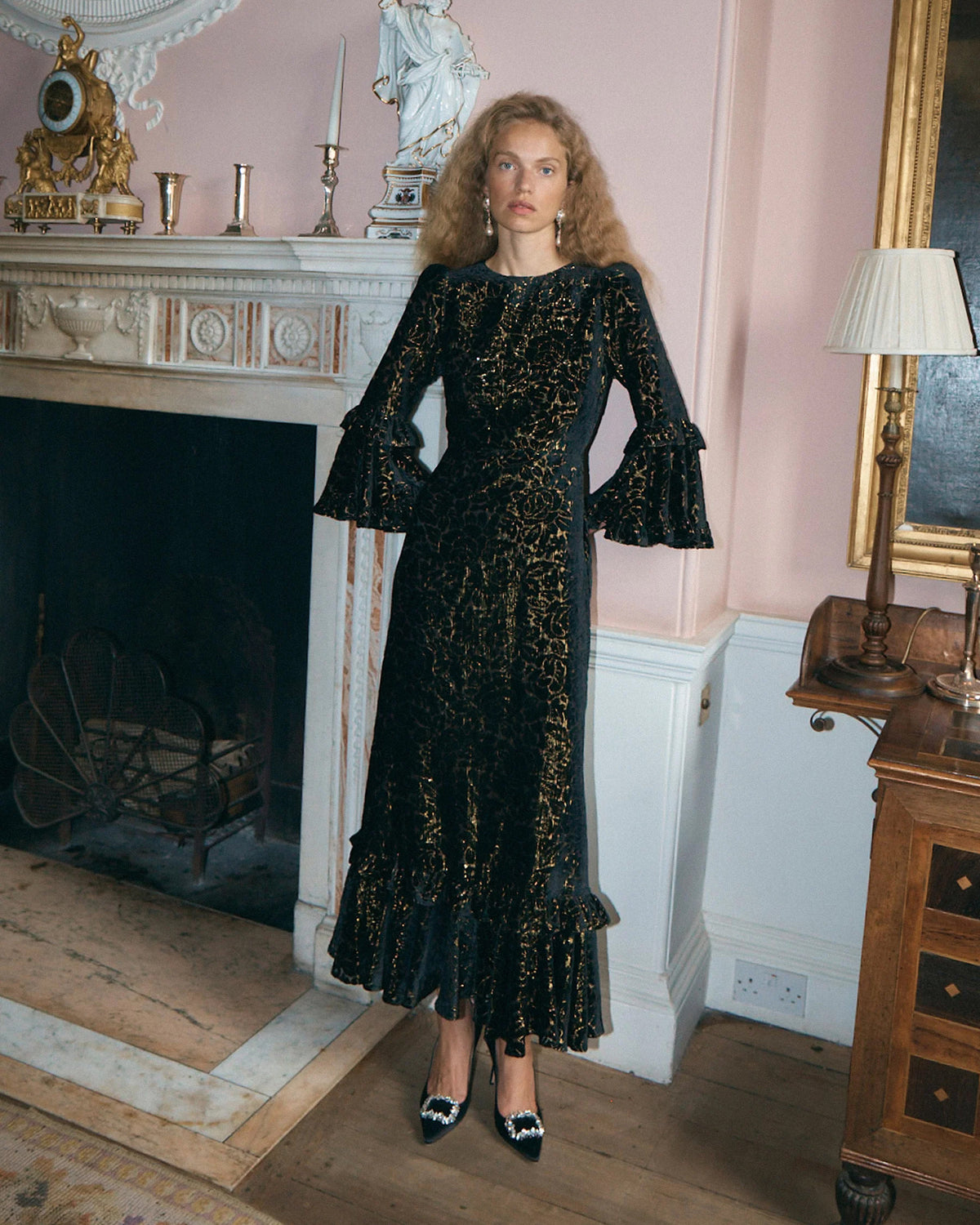 Chiara Velvet Frill Hem Dress - Black