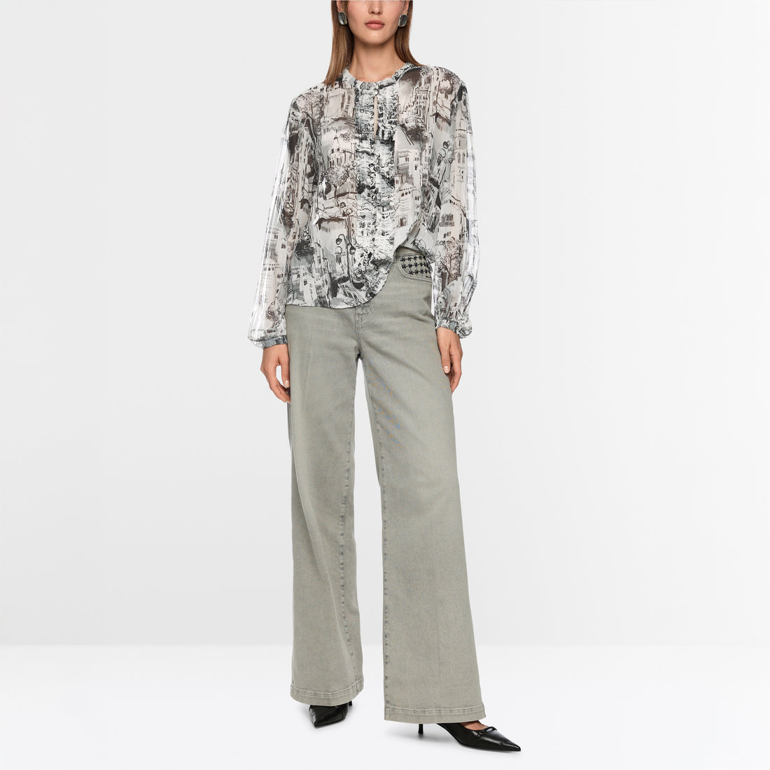City Art Print Ruffle Blouse - Smoke