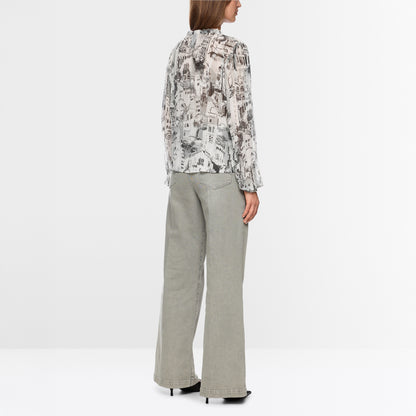 City Art Print Ruffle Blouse - Smoke