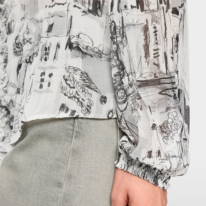 City Art Print Ruffle Blouse - Smoke