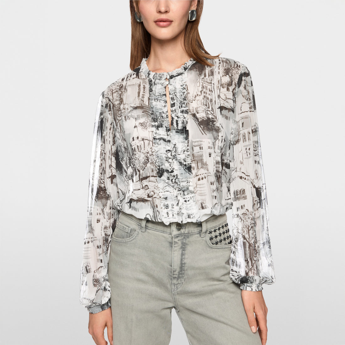 City Art Print Ruffle Blouse - Smoke