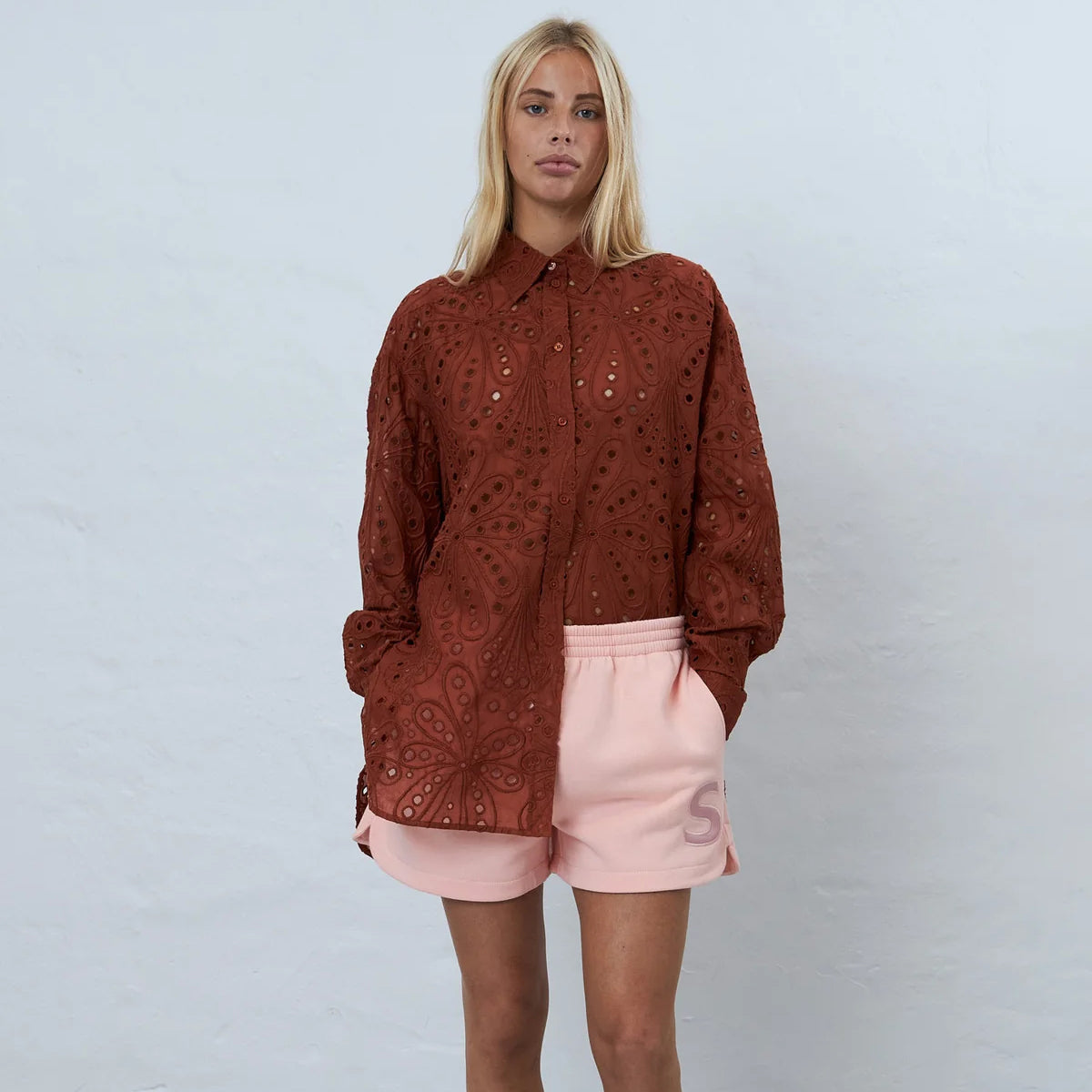 Crisp Delicate Embroidered Cotton Shirt - Brown