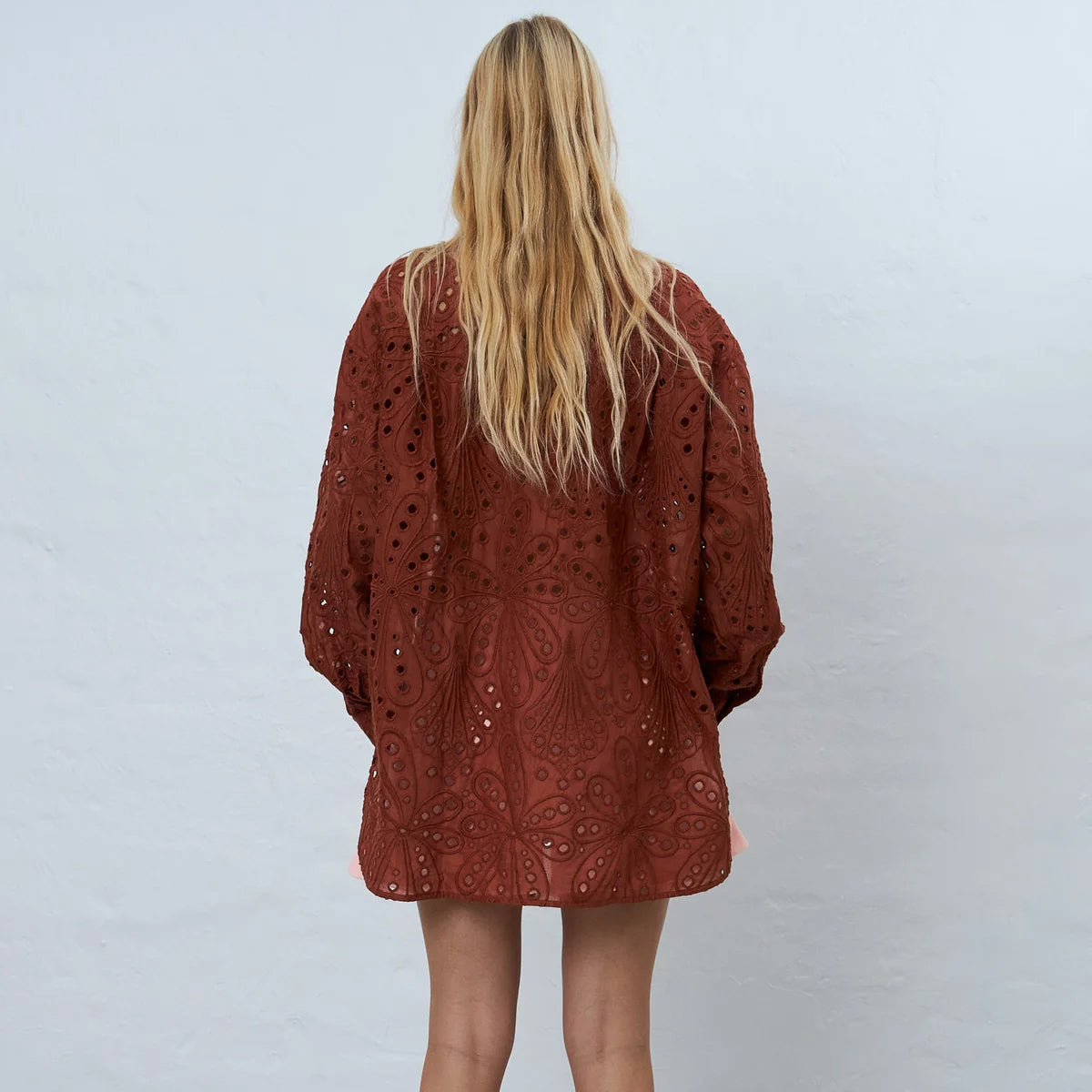 Crisp Delicate Embroidered Cotton Shirt - Brown