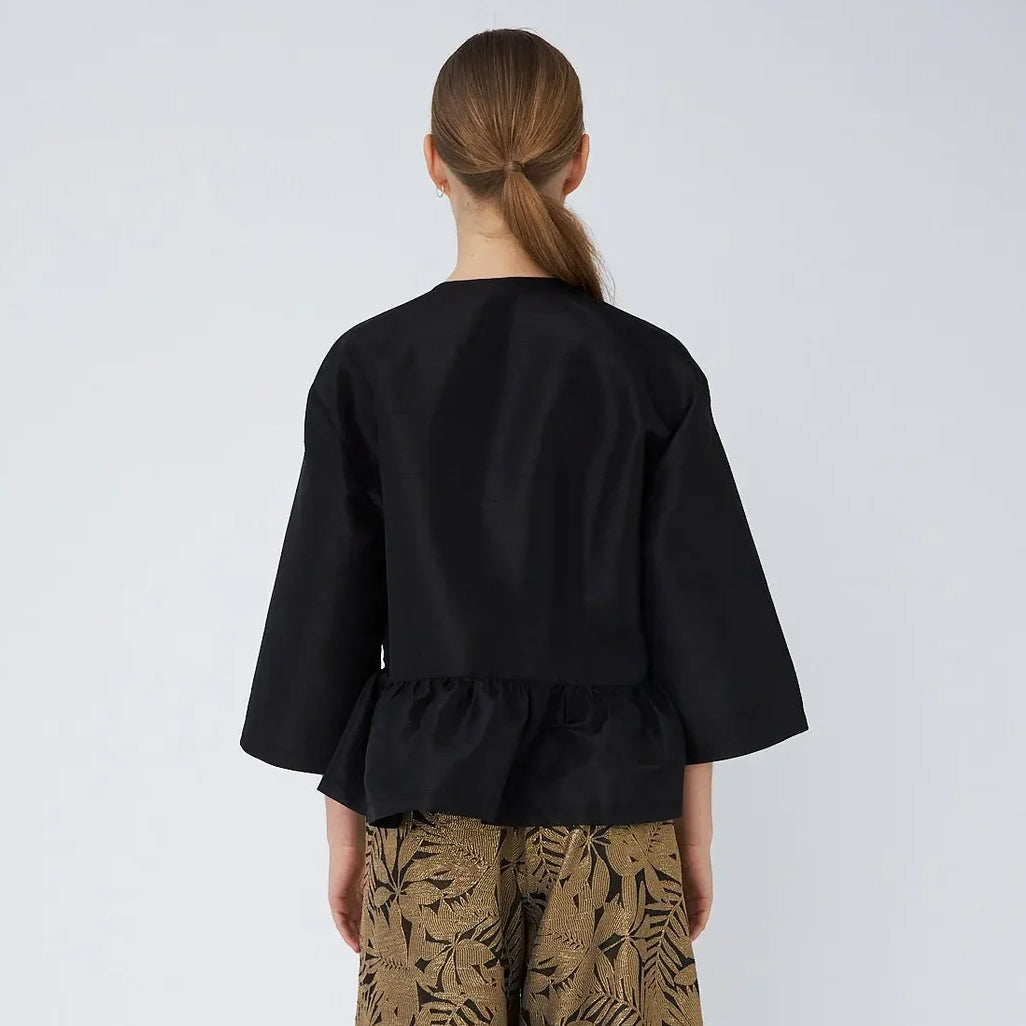Crispy Peplum Bow Blouse - Black