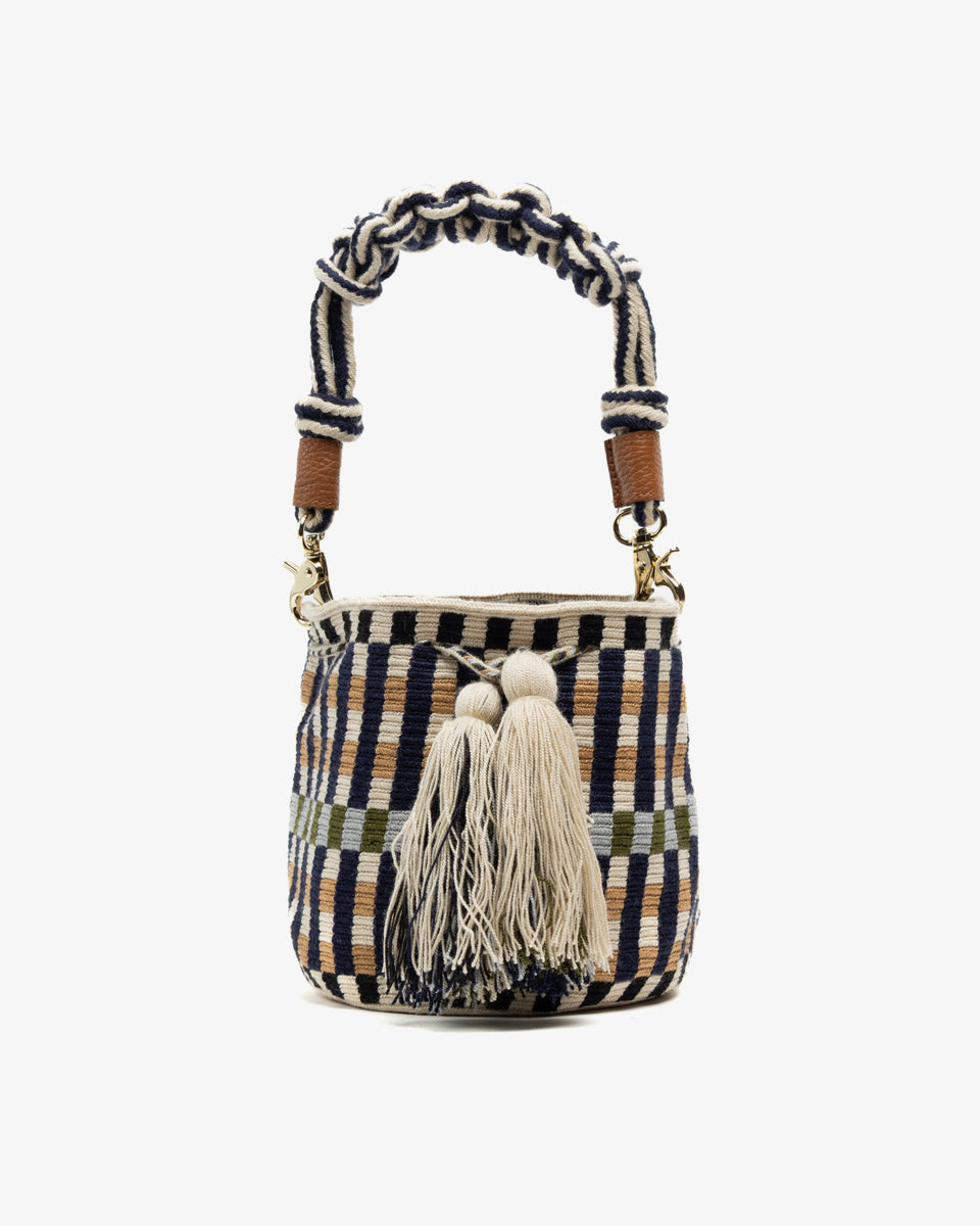 Crossbody Bag With Macrame Handle - Navy Brown Stripe