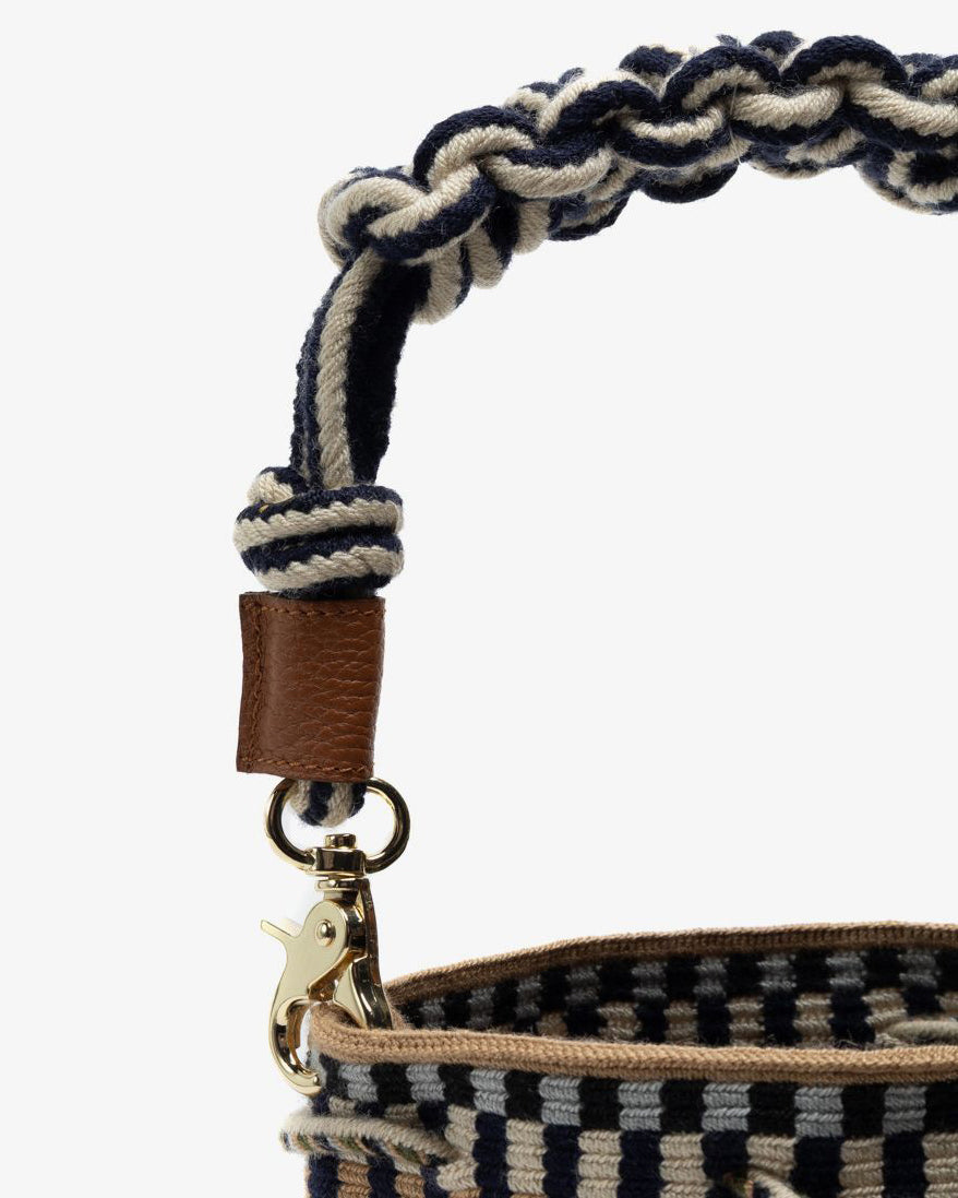 Crossbody Bag With Macrame Handle - Navy Brown Stripe