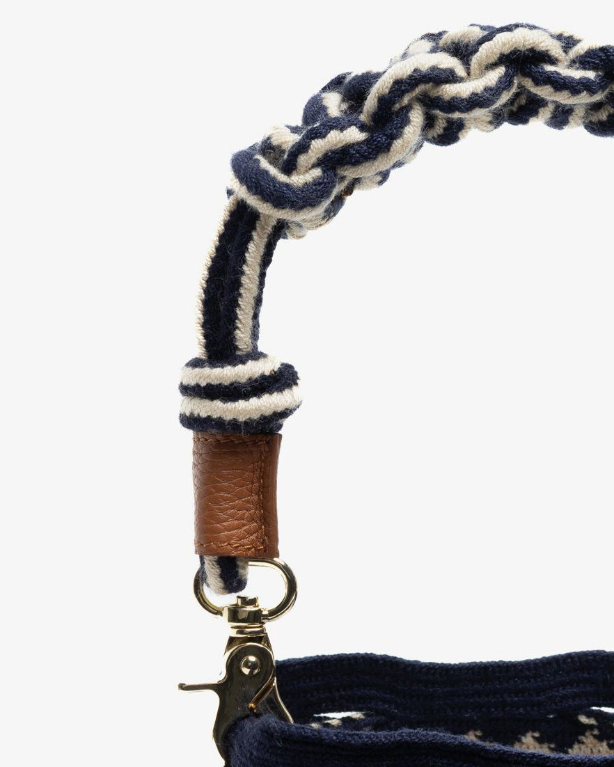 Crossbody Bag With Macrame Handle - Navy Ecru Diamond