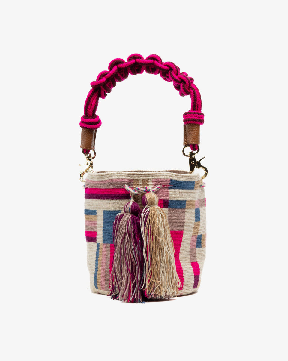 Crossbody Bag With Macrame Handle - Pink Blue