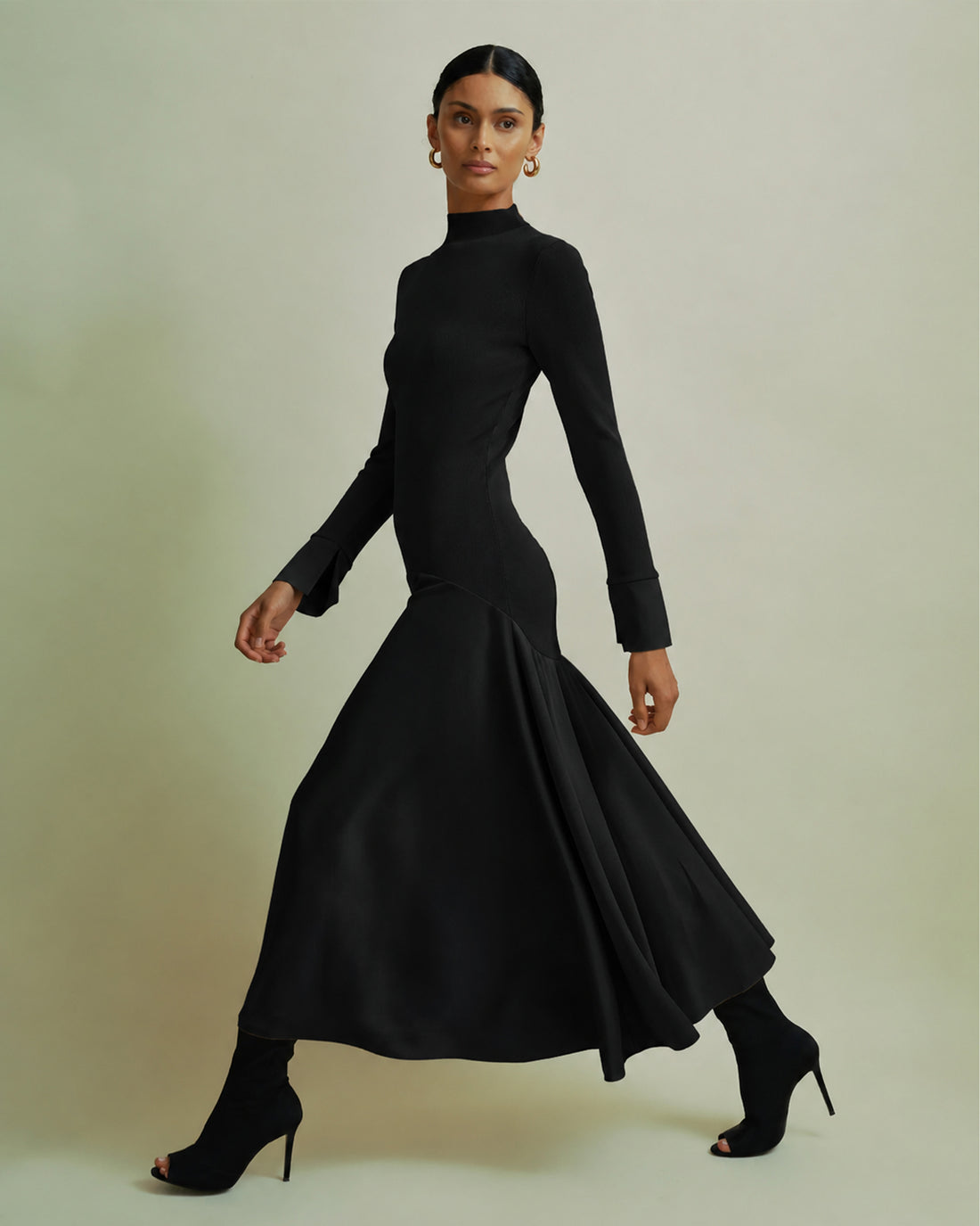 Satin Curved Seam Midi Dress - Black