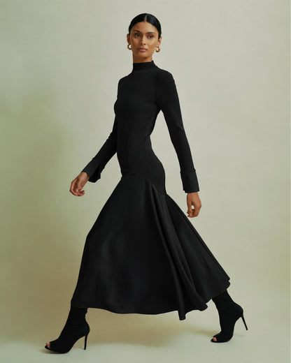 Satin Curved Seam Midi Dress - Black