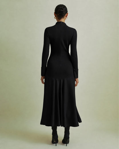 Satin Curved Seam Midi Dress - Black