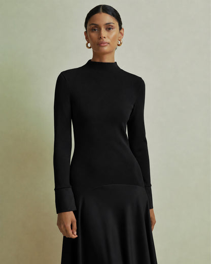 Satin Curved Seam Midi Dress - Black