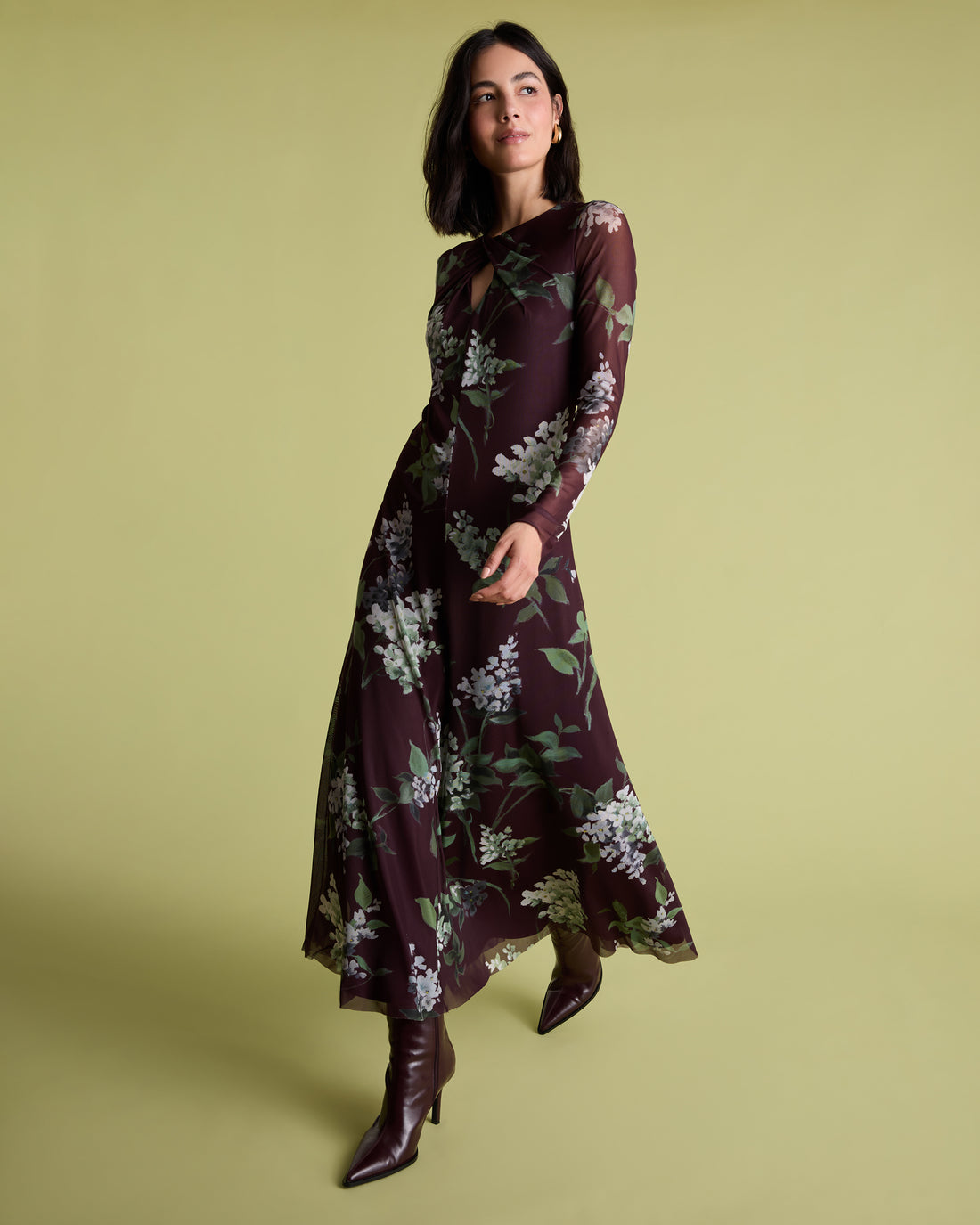 Mesh Midi Dress With Neck Detail - Multi Print
