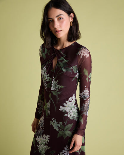 Mesh Midi Dress With Neck Detail - Multi Print