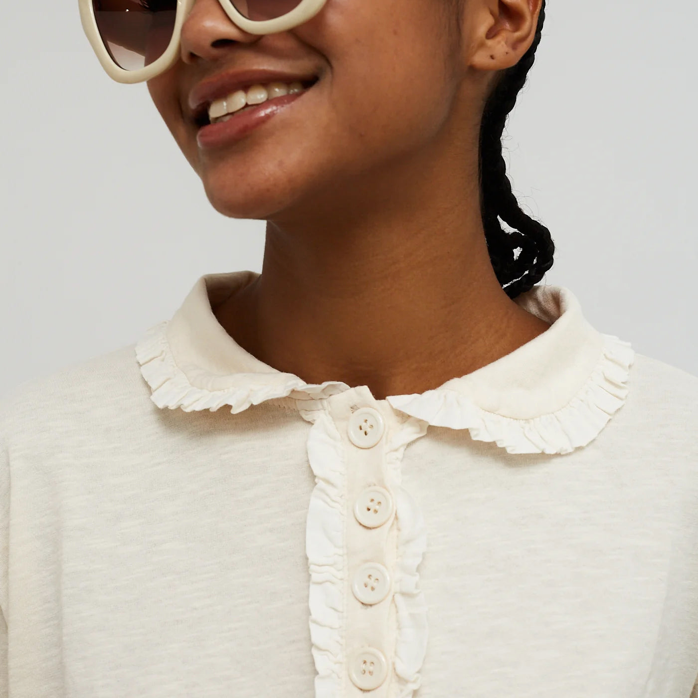 Crush Jersey Frill Long Sleeve Top - Off White