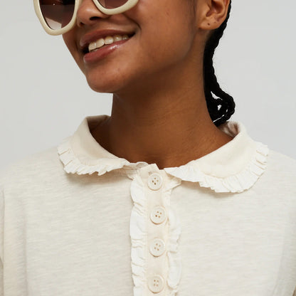 Crush Jersey Frill Long Sleeve Top - Off White
