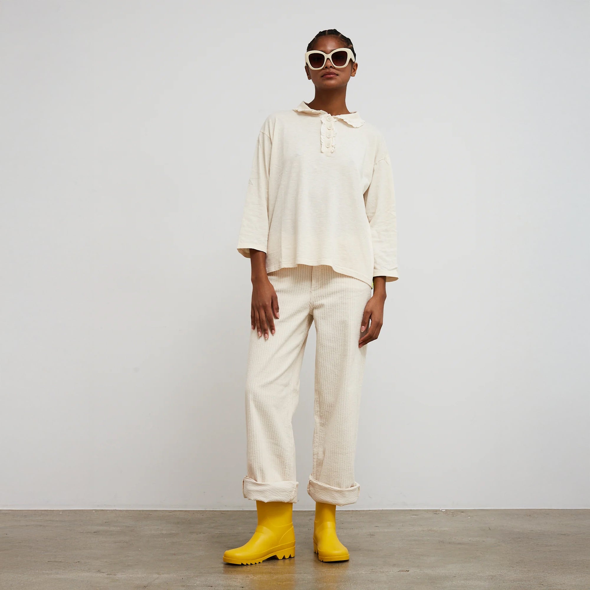 Crush Jersey Frill Long Sleeve Top - Off White