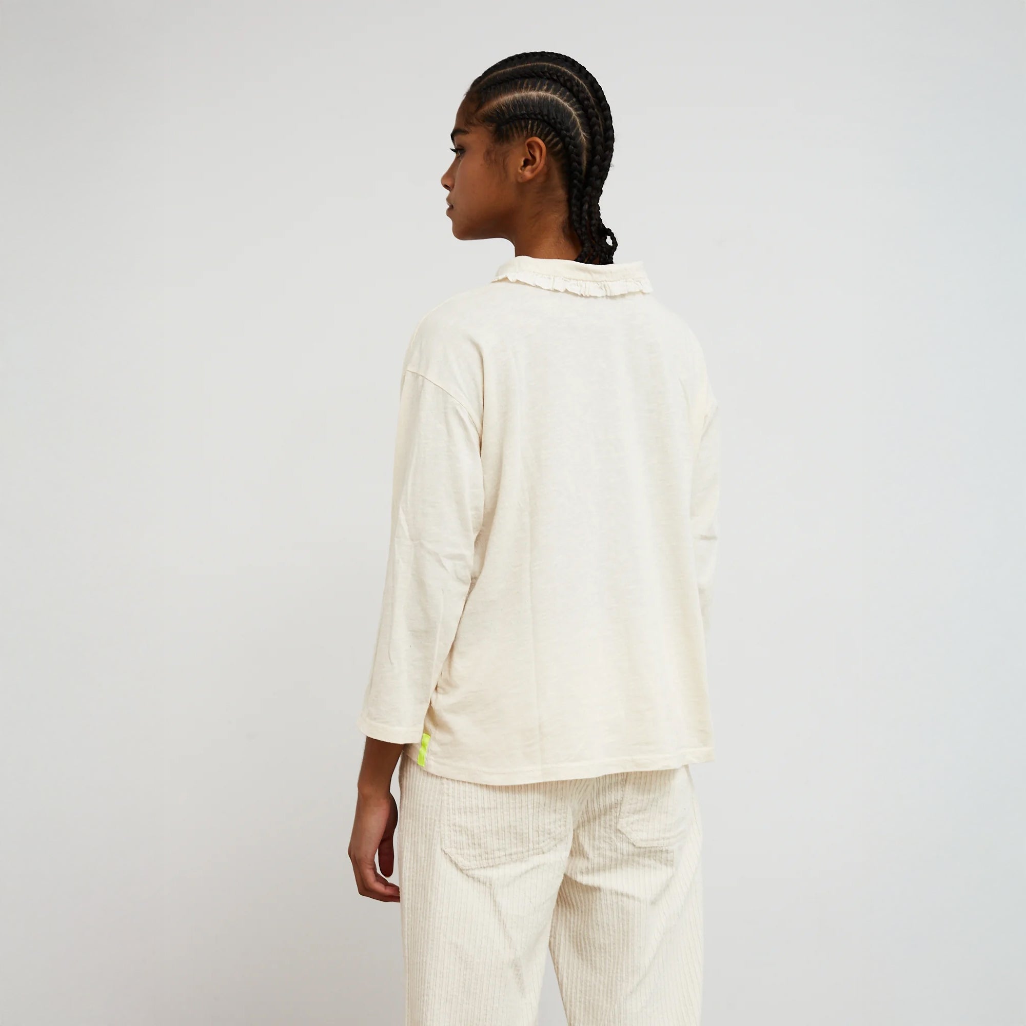 Crush Jersey Frill Long Sleeve Top - Off White