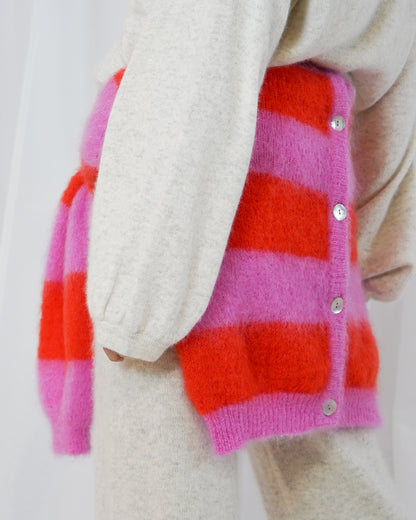 Timea Striped Buttoned Round Neck Long Sleeve Cardigan - Bubblegum-Fire