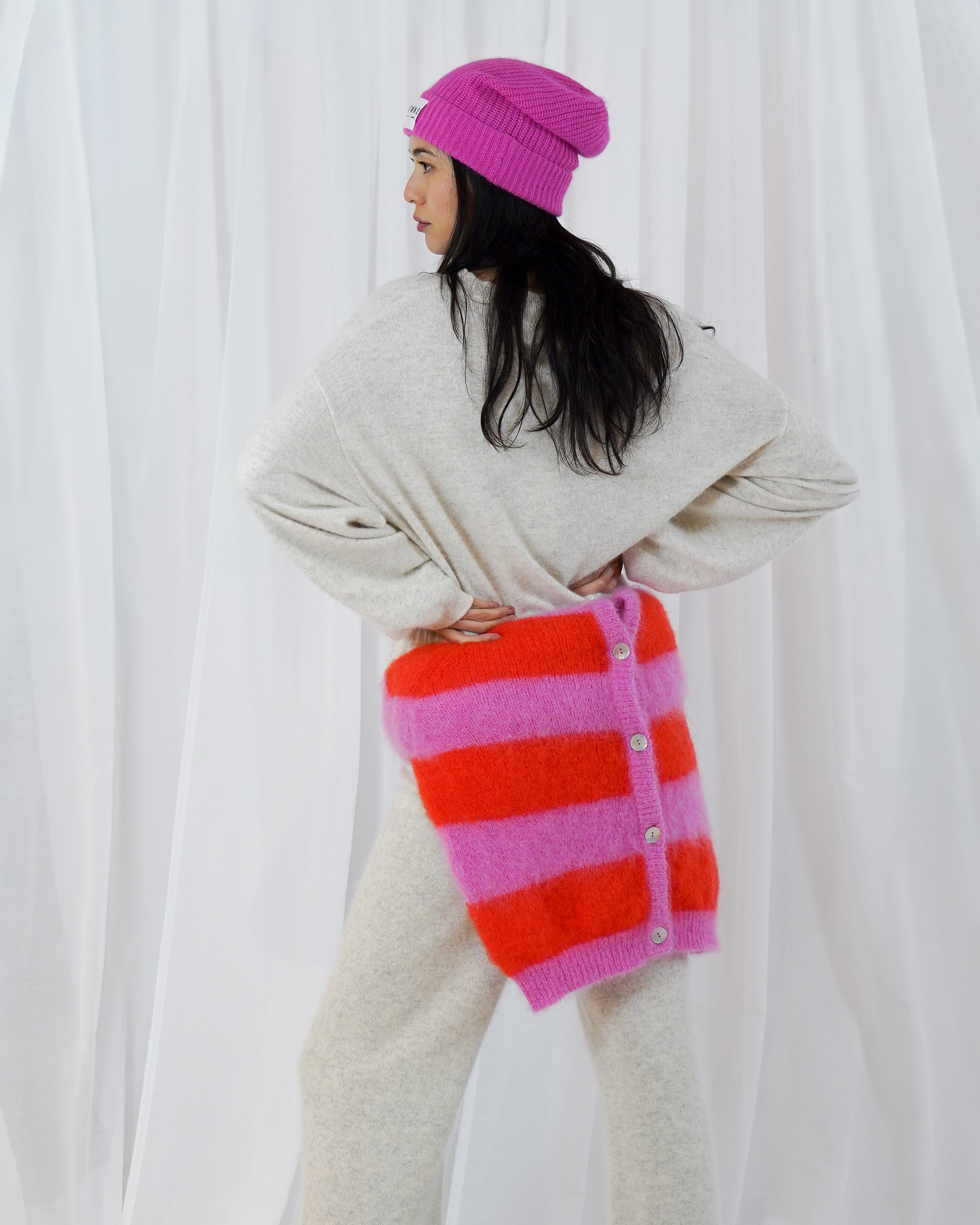 Timea Striped Buttoned Round Neck Long Sleeve Cardigan - Bubblegum-Fire