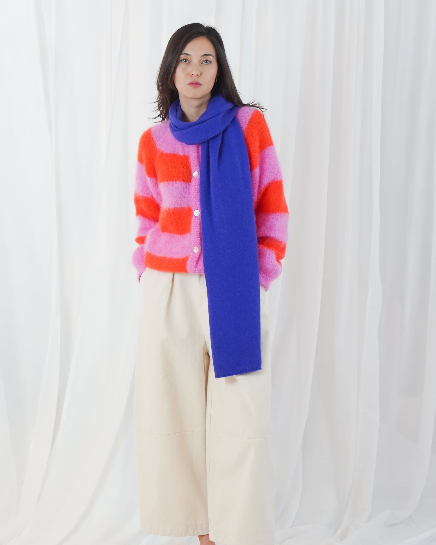 Timea Striped Buttoned Round Neck Long Sleeve Cardigan - Bubblegum-Fire