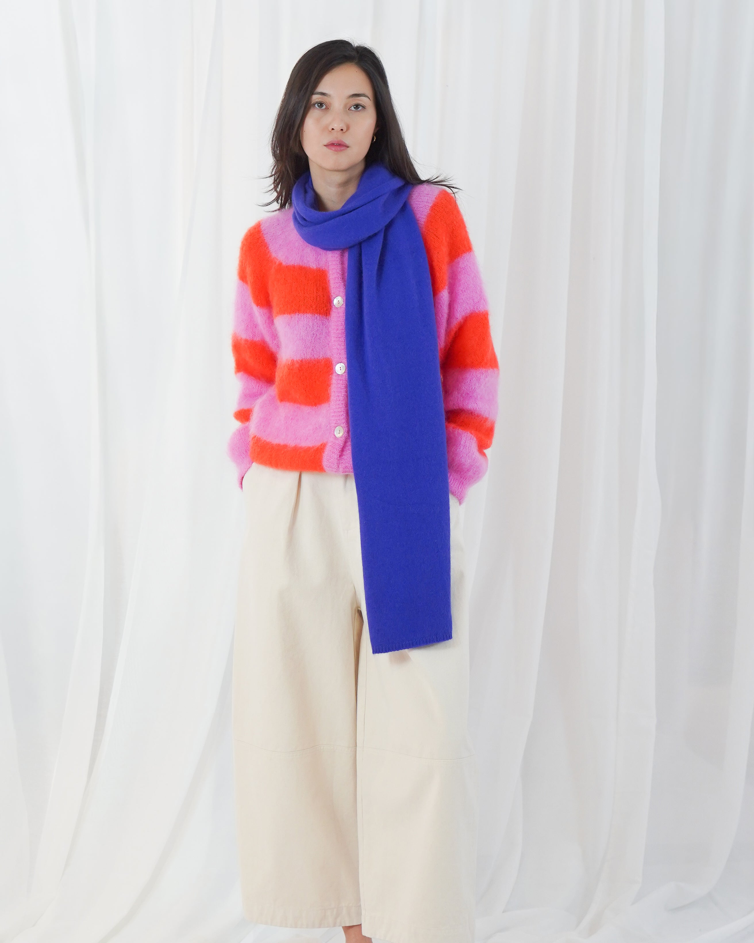 Timea Striped Buttoned Round Neck Long Sleeve Cardigan - Bubblegum-Fire