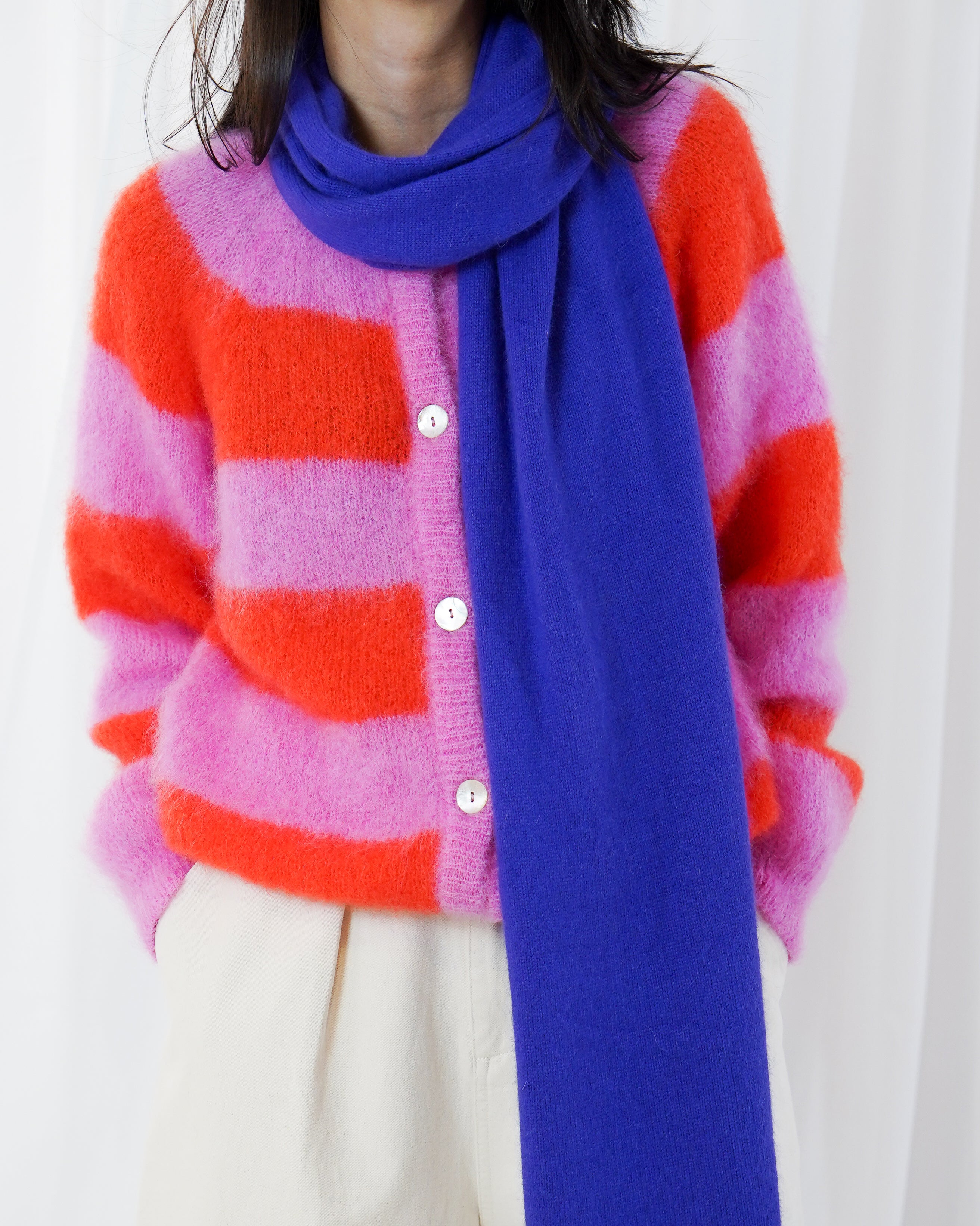 Timea Striped Buttoned Round Neck Long Sleeve Cardigan - Bubblegum-Fire