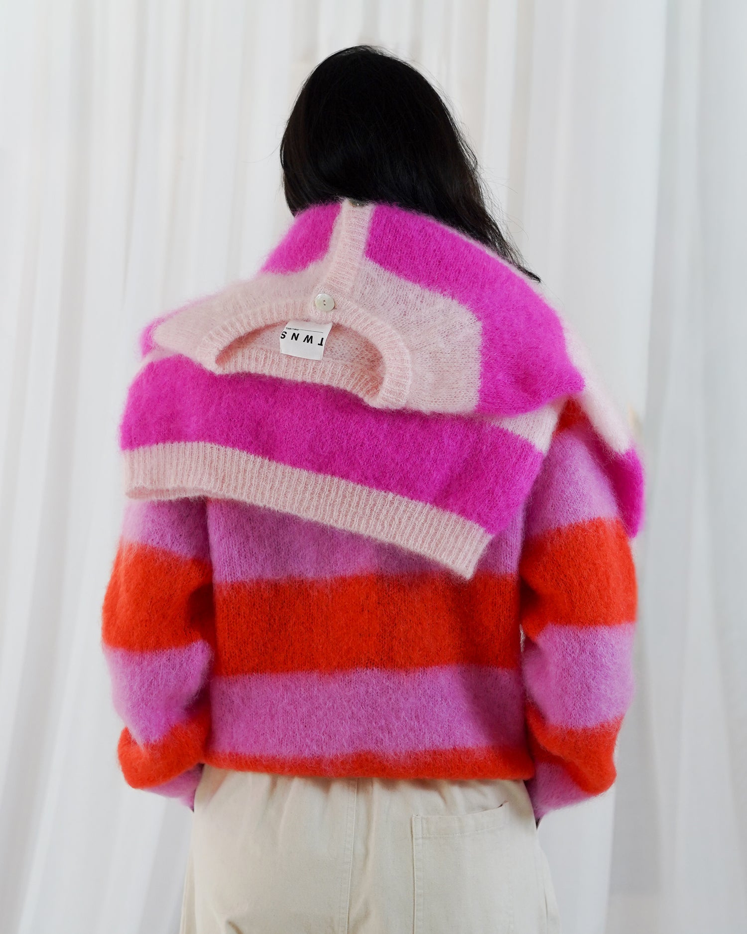 Timea Striped Buttoned Round Neck Long Sleeve Cardigan - Bubblegum-Fire