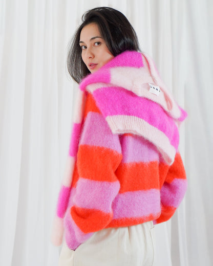 Timea Striped Buttoned Round Neck Long Sleeve Cardigan - Bubblegum-Fire