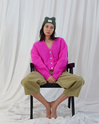 Malia Button V Neck Long Sleeve Cardigan - Neon Pink