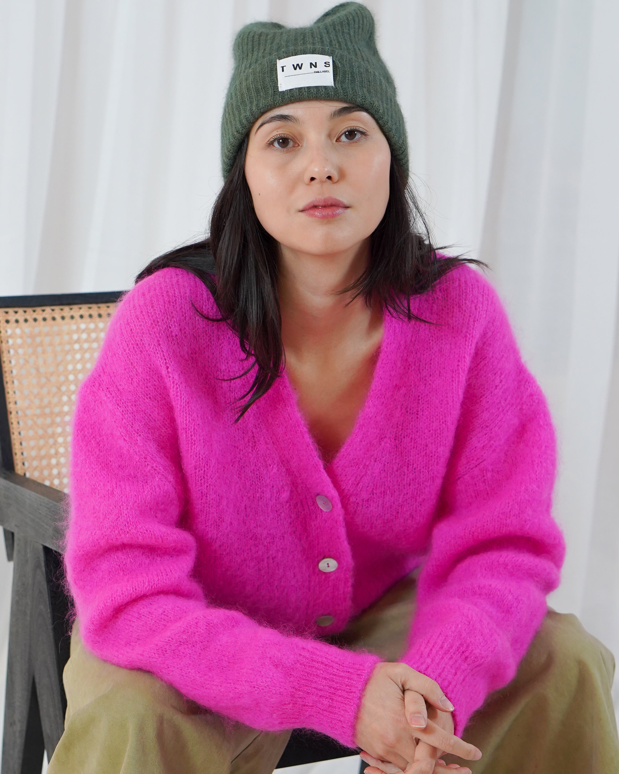 Malia Button V Neck Long Sleeve Cardigan - Neon Pink