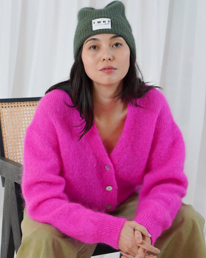 Malia Button V Neck Long Sleeve Cardigan - Neon Pink