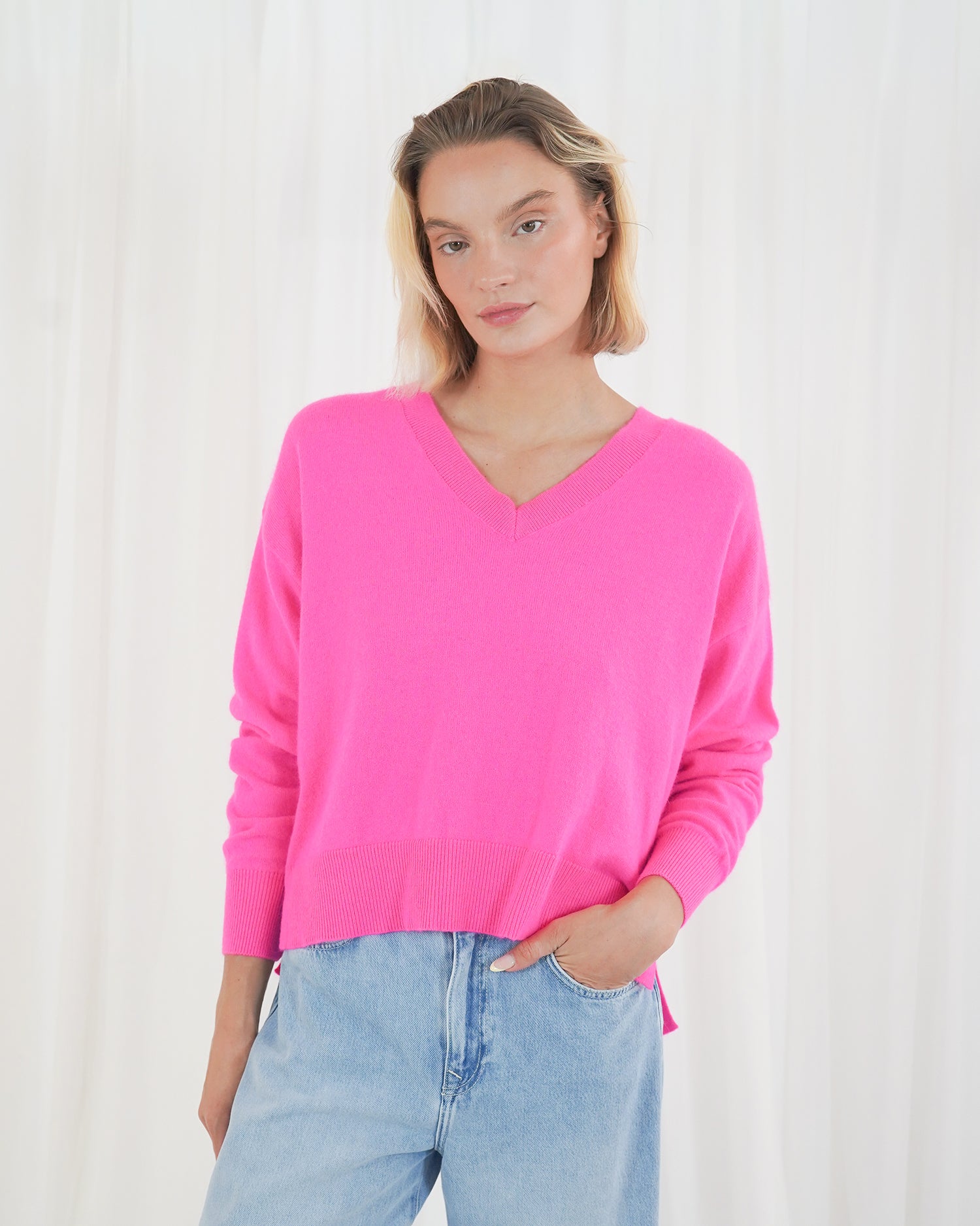 Boulder Long Sleeve V Neck Jumper - Neon Pink
