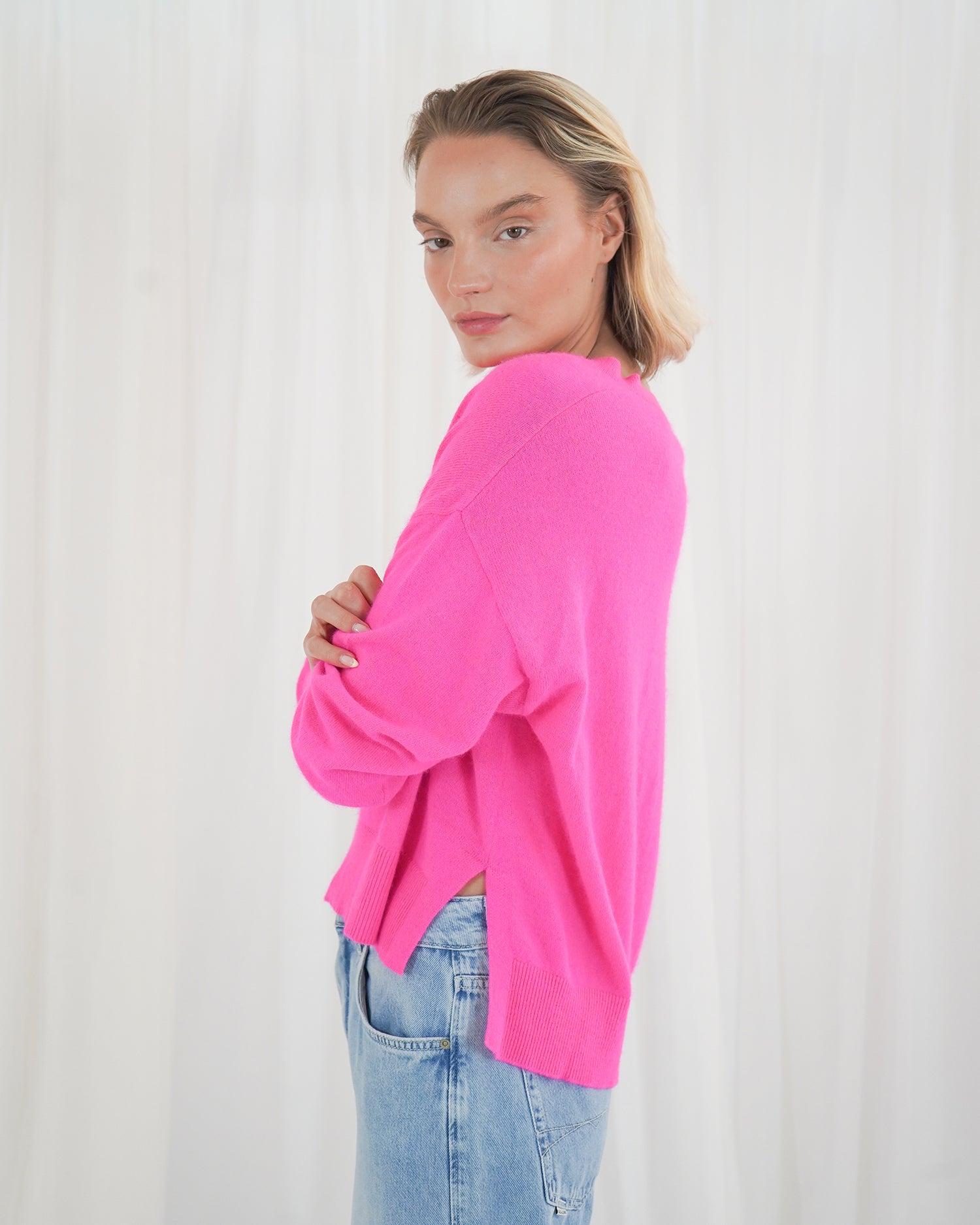 Boulder Long Sleeve V Neck Jumper - Neon Pink