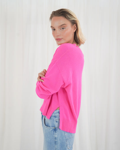 Boulder Long Sleeve V Neck Jumper - Neon Pink