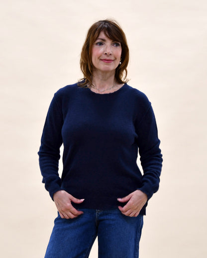 Distressed Cashmere Crew - New Navy
