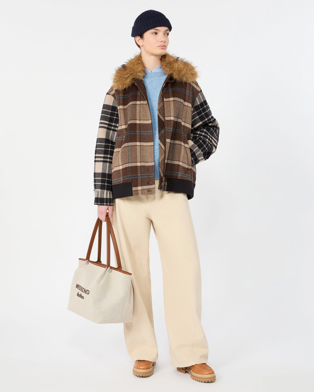 Divina Check Fur Bomber Jacket - Check