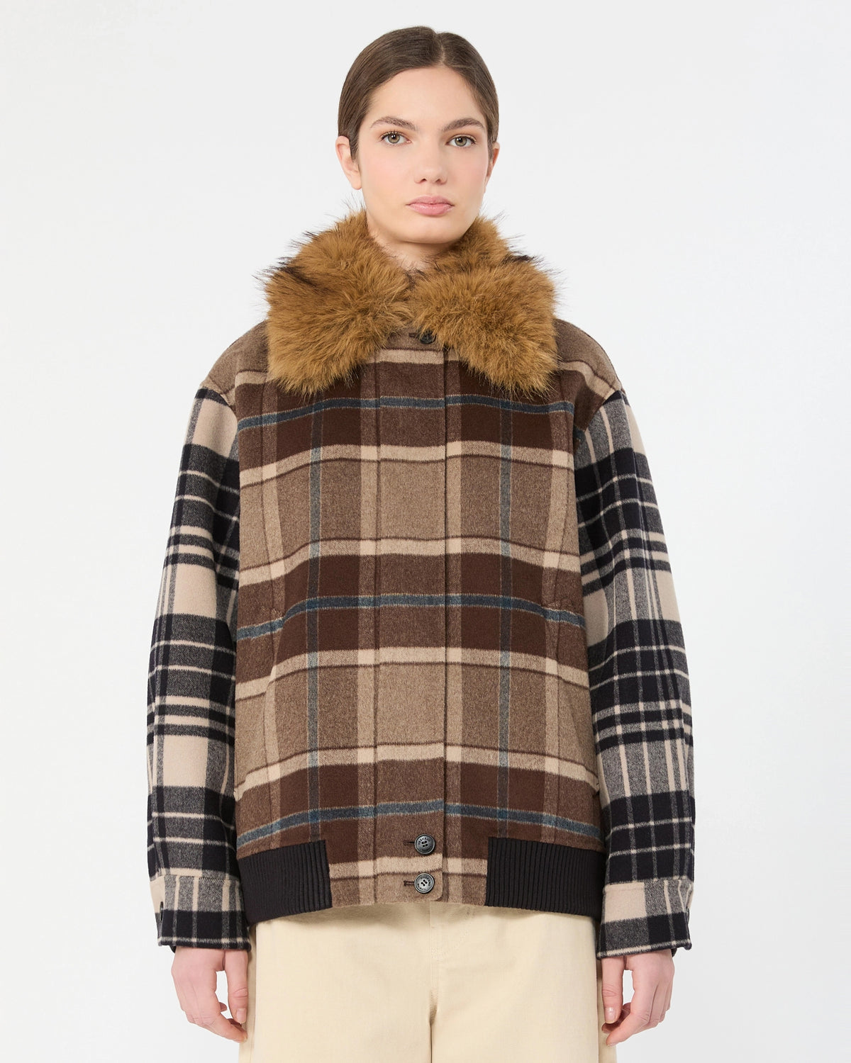 Divina Check Fur Bomber Jacket - Check