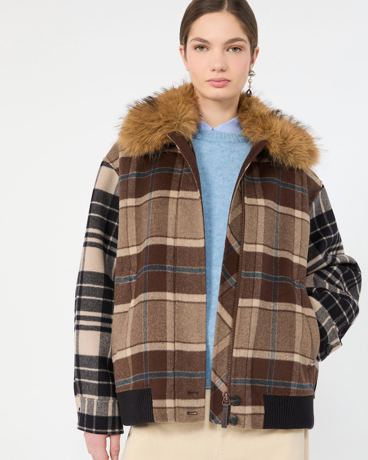 Divina Check Fur Bomber Jacket - Check