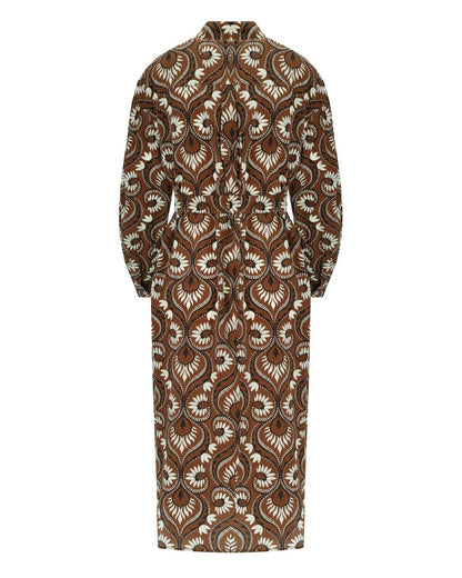 Dolmen 100% Silk Patterned Dress - Tobacco