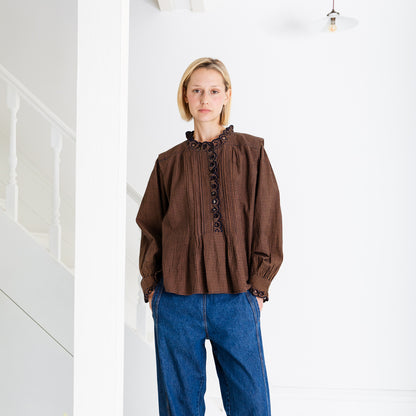 Etienne Scalloped Placket Shirt - Midnight/Tan